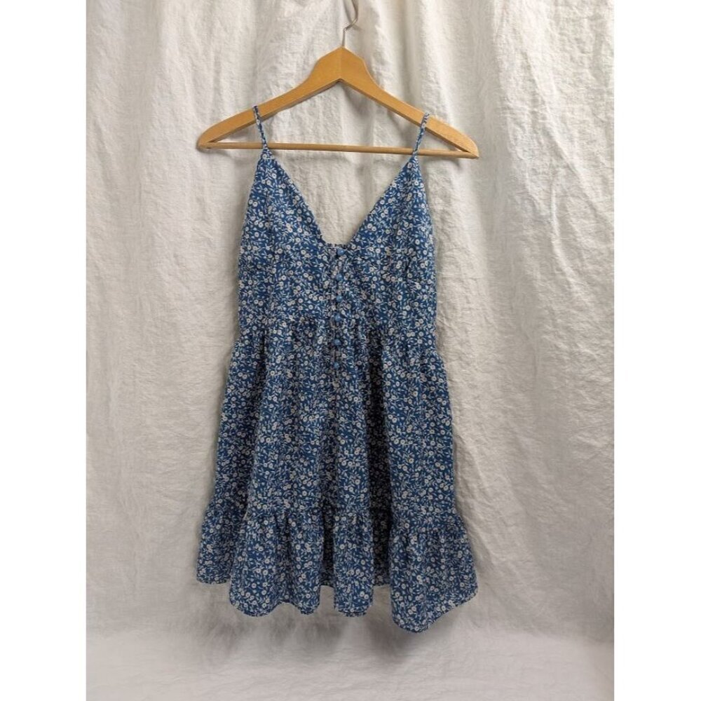 Shein women's size small blue & wh floral tank dress buttons ruffle hem I3